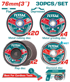 TOTAL 30 Pcs Cutting and Grinding Disc Set 76mm for Mini Angle Grinder (TAC97630)