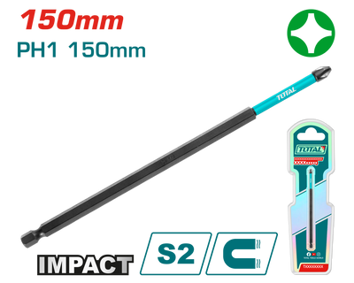 TOTAL Impact Screwdriver Bit PH1 – 150mm, S2 Steel, Magnetic (TACIM71PH1150)