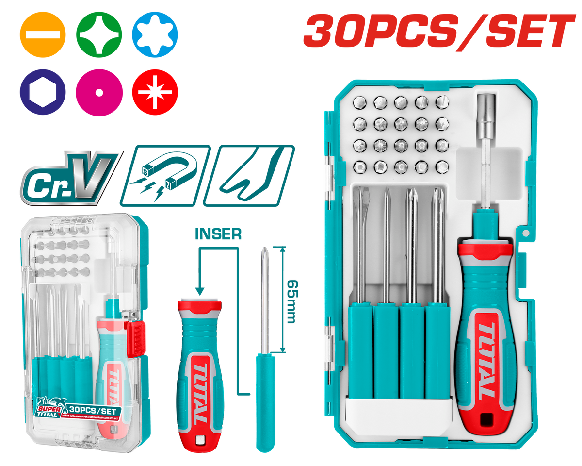 TOTAL 30 Pcs Interchangeable Screwdriver & Bits Set – Cr-V Steel (TACSD30306)