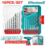 TOTAL 16 Pcs Metal, Masonry & Wood Drill Bits Set – Hex Shank Multi-Purpose Kit (TACSDL11608)