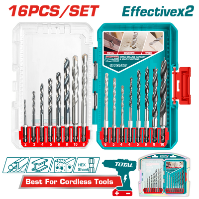 TOTAL 16 Pcs Metal, Masonry & Wood Drill Bits Set – Hex Shank Multi-Purpose Kit (TACSDL11608)