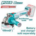 TOTAL Cordless Brushless Angle Grinder 20V – 125mm | 5" Heavy Duty Grinder - Battery & Charger Sold Separately (TAGLI212027)