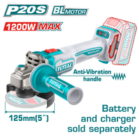 TOTAL Cordless Brushless Angle Grinder 20V – 125mm | 5" Heavy Duty Grinder - Battery & Charger Sold Separately (TAGLI212027)