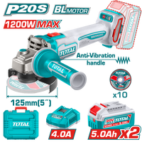 TOTAL Cordless Brushless Angle Grinder 20V – 125mm | 5", 1200W with 2 Batteries (TAGLI2120272)