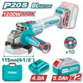 TOTAL Cordless Angle Grinder – Brushless Motor, 20V, 1200W, 115mm Disc, 3000–9000rpm, with 5.0Ah Batteries & Charger (TAGLI2211532)