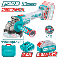 TOTAL Cordless Angle Grinder – Brushless Motor, 20V, 1200W, 115mm Disc, 3000–9000rpm, with 5.0Ah Batteries & Charger (TAGLI2211532)