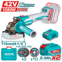 TOTAL 42V Cordless Angle Grinder – Brushless Motor, 1080W, 115mm Disc (TAGLI4108112)