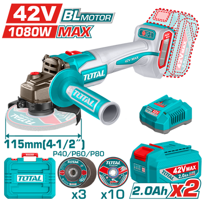 TOTAL 42V Cordless Angle Grinder – Brushless Motor, 1080W, 115mm Disc (TAGLI4108112)