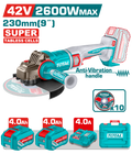 TOTAL 42V Brushless Cordless Angle Grinder 230mm – 2600W with 2 Batteries & Charger (TAGLI4260182)