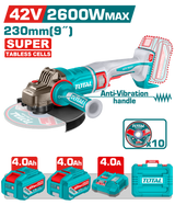 TOTAL 42V Brushless Cordless Angle Grinder 230mm – 2600W with 2 Batteries & Charger (TAGLI4260182)