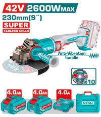 TOTAL 42V Brushless Cordless Angle Grinder 230mm – 2600W with 2 Batteries & Charger (TAGLI4260182)