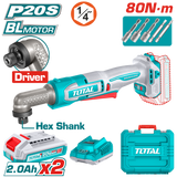 TOTAL 20V Cordless Angle Impact Driver Brushless – 80Nm with 2 Batteries & Carrying Case (TAIRLI208)
