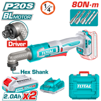 TOTAL 20V Cordless Angle Impact Driver Brushless – 80Nm with 2 Batteries & Carrying Case (TAIRLI208)