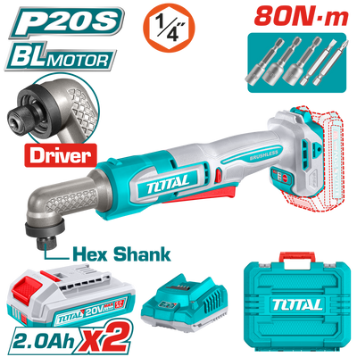 TOTAL 20V Cordless Angle Impact Driver Brushless – 80Nm with 2 Batteries & Carrying Case (TAIRLI208)
