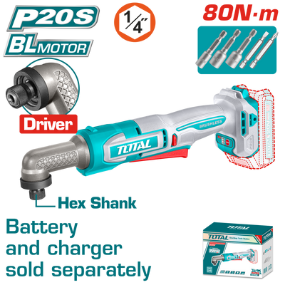 TOTAL 20V Cordless Angle Impact Driver Brushless – 80Nm Right Angle Design (TAIRLI2081)