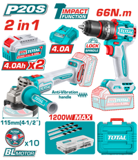 TOTAL 2 Pcs Cordless Combo Kit 20V – Brushless Drill & Angle Grinder Set (TCKLI20256)