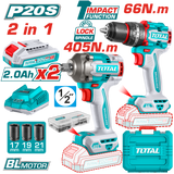 Total 20V 2-Piece Charging Kit - Brushless Drill & Impact Wrench with 2 Batteries (TCKLI20286)