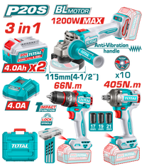 TOTAL 20V Cordless Combo Kit 3 Pcs Brushless – Angle Grinder + Impact Drill + Impact Wrench with Batteries (TCKLI20358)
