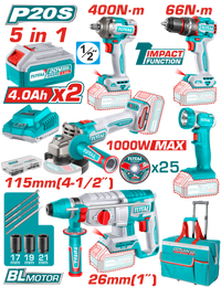 TOTAL Cordless 5 Pcs Industrial Combo Kit – 20V Brushless Power Tools (TCKLI20592)