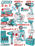 TOTAL 20V Cordless 5 Pcs Industrial Combo Kit – Brushless Impact Drill, Impact Wrench, Angle Grinder, Rotary Hammer & Work Lamp (TCKLI20595)