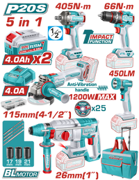 TOTAL 20V Cordless 5 Pcs Industrial Combo Kit – Brushless Impact Drill, Impact Wrench, Angle Grinder, Rotary Hammer & Work Lamp (TCKLI20595)
