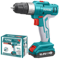 TOTAL Lithium-Ion cordless drill 16.8V 10mm 2 Speed Gear 1 PC Battery Pack. This product can be used with Plastic and Metal. Not for concrete and Stones