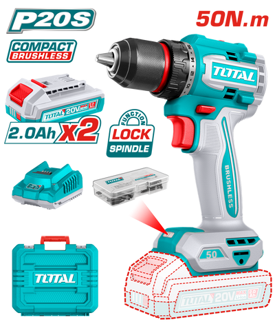 TOTAL 20V Compact Brushless Cordless Impact Drill 50Nm – With 2 Batteries & 47 Accessories (TDLI205062)