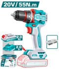 TOTAL 20V Compact Brushless Cordless Drill 55Nm – 13mm Metal Chuck with 47 Accessories & Battery (TDLI205582)