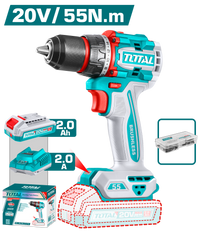 TOTAL 20V Compact Brushless Cordless Drill 55Nm – 13mm Metal Chuck with 47 Accessories & Battery (TDLI205582)