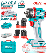 TOTAL 20V Brushless Cordless Multi-Head Drill Driver Kit – 66Nm with 4 Interchangeable Heads (TDLI206686)