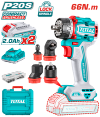 TOTAL 20V Brushless Cordless Multi-Head Drill Driver Kit – 66Nm with 4 Interchangeable Heads (TDLI206686)