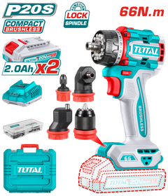 TOTAL 20V Brushless Cordless Multi-Head Drill Driver Kit – 66Nm with 4 Interchangeable Heads (TDLI206686)