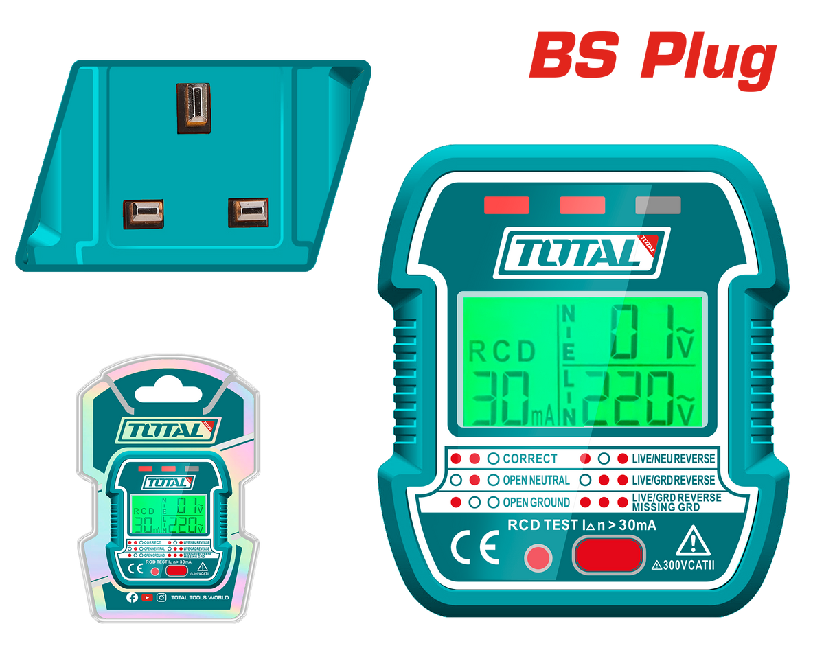 TOTAL LCD Socket Tester with RCD Function – BS Plug, 90–250V AC, Seven Test Modes, Backlit Display (TESST30012)