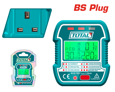 TOTAL LCD Socket Tester with RCD Function – BS Plug, 90–250V AC, Seven Test Modes, Backlit Display (TESST30012)