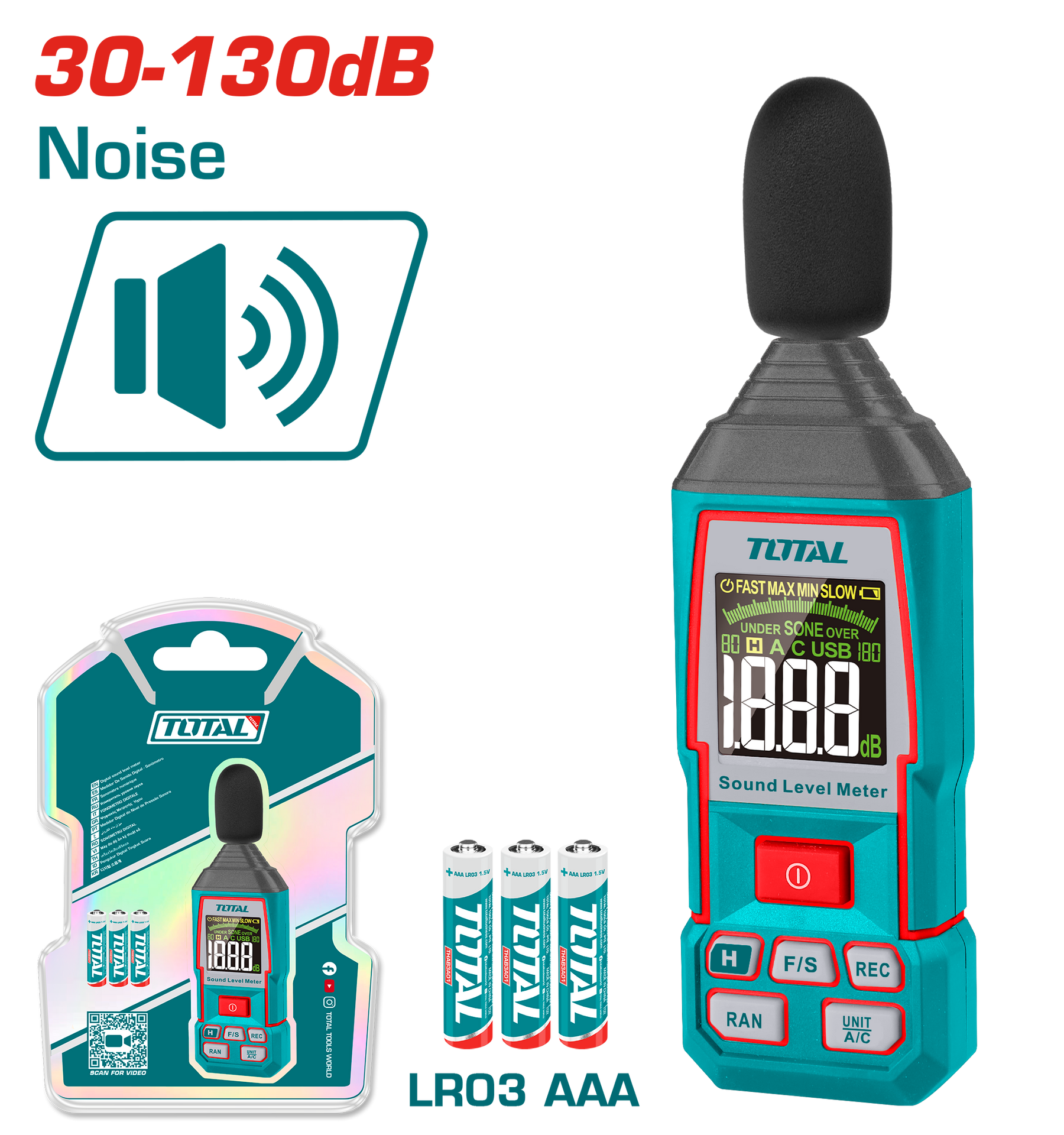 جهاز قياس مستوى الصوت TOTAL 30-130dB بدقة عالية وشاشة مضيئة