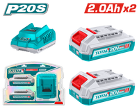 TOTAL P20S Lithium-Ion 20V Battery and Charger Kit – 2 Batteries 2.0Ah + 1 Charger (TFBCPK2212)