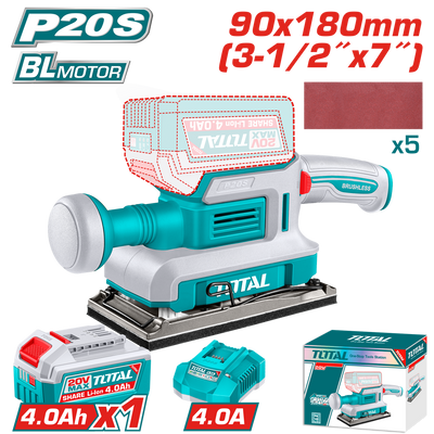 TOTAL 20V Cordless Brushless Finishing Sander – 90×180mm with 4.0Ah Battery & Charger (TFSLI20313)