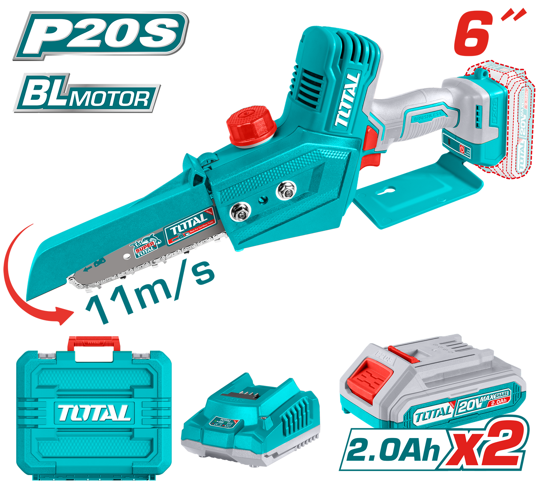 Total 20V Cordless Chainsaw – 15cm (6-Inch) Bar – Powerful Performance Total 20V Cordless Chainsaw – 15cm (6-Inch) Bar – Powerful Performance