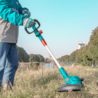 TOTAL 20V Cordless Grass Trimmer 300mm – 8200rpm with Edging Wheel & a Battery (TGTLI203285)