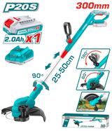 TOTAL 20V Cordless Grass Trimmer 300mm – 8200rpm with Edging Wheel & a Battery (TGTLI203285)