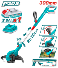 TOTAL 20V Cordless Grass Trimmer 300mm – 8200rpm with Edging Wheel & a Battery (TGTLI203285)