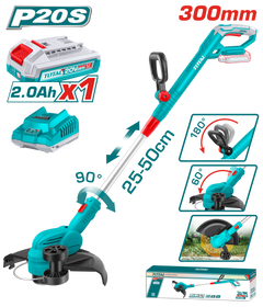 TOTAL 20V Cordless Grass Trimmer 300mm – 8200rpm with Edging Wheel & a Battery (TGTLI203285)