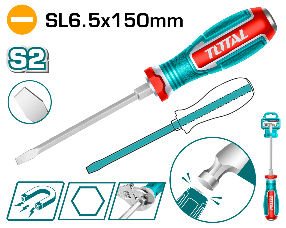 TOTAL Magnetic Slotted Impact Screwdriver SL6.5×150mm – TGTSL6150 TOTAL Magnetic Slotted Impact Screwdriver SL6.5×150mm – TGTSL6150