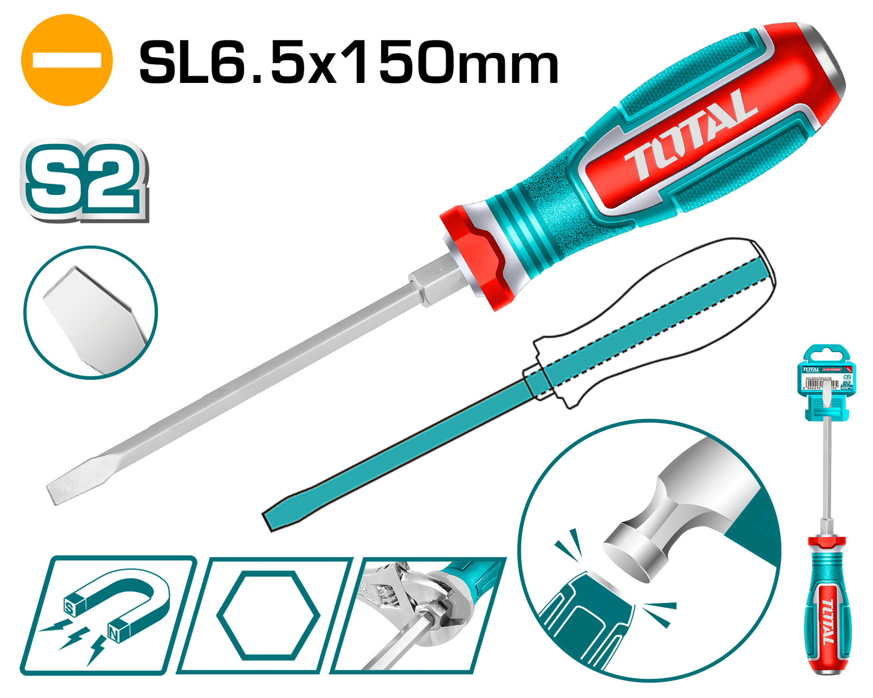 TOTAL Magnetic Slotted Impact Screwdriver SL6.5×150mm – TGTSL6150