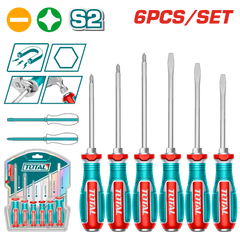 TOTAL 6 Pcs Go-Through Screwdriver Set – Heavy-Duty S2 Steel with Hex Shank (TGTST0606)