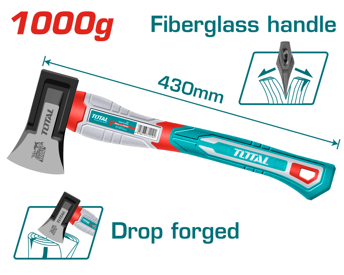 TOTAL Aircraft Axe – 1000g, Drop-Forged Head, Heat-Treated Carbon Steel, Fiberglass Handle (THAX0611000F)