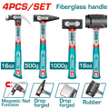 TOTAL 4Pcs Hammer Set – Claw, Machinist, Stoning & Rubber Hammer with Fiberglass Handles (THCH6004)
