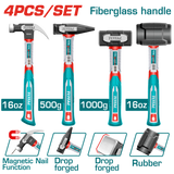 TOTAL 4Pcs Hammer Set – Claw, Machinist, Stoning & Rubber Hammer with Fiberglass Handles (THCH6004)