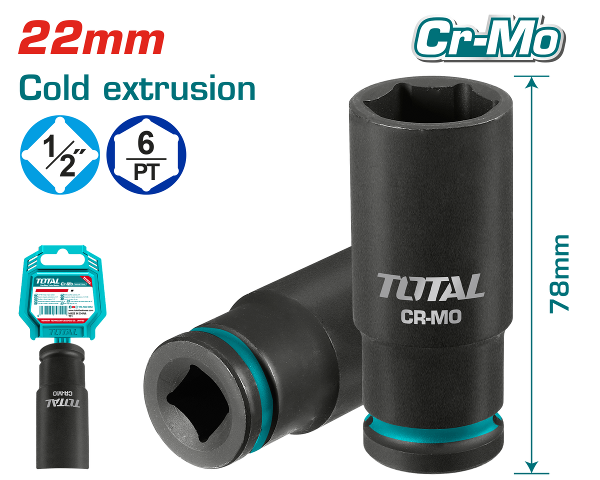 TOTAL 1/2" Drive Deep Impact Socket 22mm – CrMo Heavy Duty Socket (THDIS12222L)