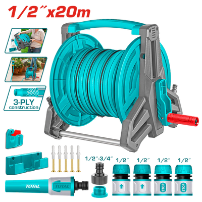TOTAL 20M Garden Hose Reel Set 1/2" – Nozzle & Wall Bracket | THHR20124